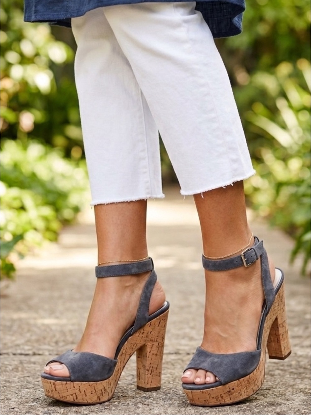 Michael Kors Blue Suede Cork Platform Ankle Strap Heels